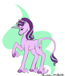 Size: 364x421 | Tagged: safe, artist:luna_mcboss, imported from derpibooru, starlight glimmer, pony, unicorn, cloven hooves, eyes closed, female, fetlock tuft, green background, horn, long legs, long tail, purple coat, purple mane, raised leg, simple background, solo, tail, white background