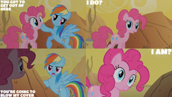 Size: 4400x2475 | Tagged: safe, edit, edited screencap, editor:quoterific, imported from derpibooru, screencap, pinkie pie, rainbow dash, earth pony, pegasus, pony, over a barrel, season 1, confused, duo, duo female, female, frown, hoof over mouth, mare, oblivious, open mouth, open smile, smiling, spread wings, wings