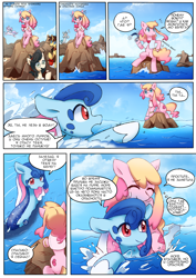 Size: 1240x1754 | Tagged: safe, artist:brony_festiaval, imported from derpibooru, oc, oc:electronia, oc:lyre wave, comic:electrowave, convention, cyrillic, mascot, ocean, qingdao, qingdao brony festival, russian, water