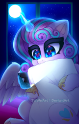 Size: 1287x2000 | Tagged: safe, artist:taiweiart, imported from derpibooru, princess flurry heart, alicorn, pony, biting, cellphone, cute, female, flurrybetes, heart, heart eyes, levitation, magic, night, older, older flurry heart, phone, pillow, pillow biting, solo, telekinesis, wingding eyes