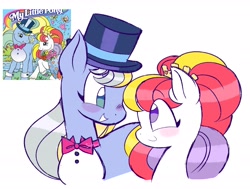 Size: 2629x1992 | Tagged: safe, artist:sidruni, imported from derpibooru, dainty dove (g2), proudfoot, butterfly, earth pony, pony, bowtie, clothes, daintyfoot, dress, flower, g2, hat, heart, marriage, married couple, no pupils, ponytober, shipping, signature, simple background, top hat, tuxedo, twitter, wedding, wedding dress, white background