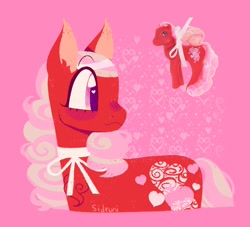 Size: 1572x1430 | Tagged: safe, artist:sidruni, imported from derpibooru, earth pony, pony, abstract background, female, heart, holiday, looking back, mare, ribbon, solo, toy, valentine's day