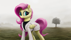 Size: 4000x2250 | Tagged: safe, artist:flusanix, imported from derpibooru, fluttershy, pegasus, pony, clothes, colored wings, colored wingtips, female, high res, jacket, mare, solo, tree, wings