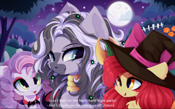 Size: 4000x2500 | Tagged: safe, artist:xsatanielx, imported from derpibooru, apple bloom, sweetie belle, zecora, earth pony, pony, unicorn, zebra, female, filly, foal, halloween, holiday, jack-o-lantern, mlp fim's twelfth anniversary, pumpkin