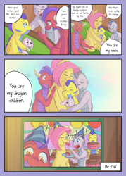 Size: 2591x3624 | Tagged: safe, artist:mustachedbain, imported from derpibooru, fluttershy, oc, oc:august, oc:ixion, oc:rex, dragon, pegasus, pony, comic:my dragon children, adopted offspring, alternate hairstyle, cake, comic, dragon oc, family, female, fluttermom, food, hug, mare, non-pony oc, parent:fluttershy