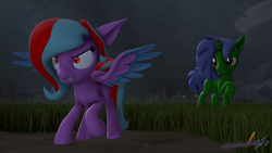 Size: 3840x2160 | Tagged: safe, artist:melodiousmarci, imported from derpibooru, oc, oc:omega(phosphorshy), oc:star beats, pegasus, unicorn, 3d, angry, fangs, glowing, glowing eyes, grass, melodiousphosphor, night, oc x oc, protecting, shipping, source filmmaker, spread wings, wings, worried