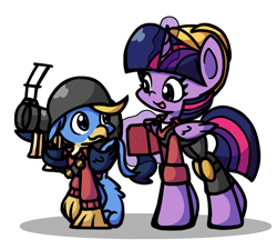 Size: 1520x1371 | Tagged: safe, artist:derp pone, imported from derpibooru, gallus, twilight sparkle, alicorn, griffon, pony, clothes, criatures fortress 2, cute, duo, engineer, glowing, glowing horn, helmet, horn, looking at each other, looking at someone, rocket launcher, simple background, smiling, soldier, team fortress 2, twilight sparkle (alicorn), video game, weapon, white background