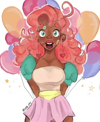 Size: 982x1200 | Tagged: safe, imported from derpibooru, pinkie pie, human, balloon, blacktober, dark skin, ear piercing, earring, humanized, jewelry, piercing, pink hair, sticker