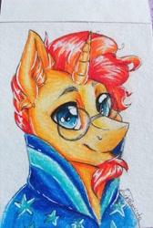 Size: 2478x3679 | Tagged: safe, artist:dankpegasista, imported from derpibooru, sunburst, pony, unicorn, beard, blue eyes, cloak, clothes, colored pencil drawing, ear fluff, facial hair, glasses, male, orange hair, smiling, stallion, traditional art, yellow fur