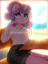 Size: 1500x2000 | Tagged: safe, artist:taiweiart, imported from derpibooru, princess flurry heart, alicorn, anthro, clothes, crystal empire, desk, ear fluff, obtrusive watermark, older, older flurry heart, school, shirt, skirt, solo, watermark, wingless, wingless alicorn, wingless anthro