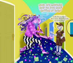 Size: 2800x2400 | Tagged: safe, artist:sixes&sevens, imported from derpibooru, derpy hooves, ditzy doo, screwball, human, equestria girls, clothes, doors, duo, eyestrain warning, hallway, hoodie, mailmare, speech bubble, the distortion, the magnus archives