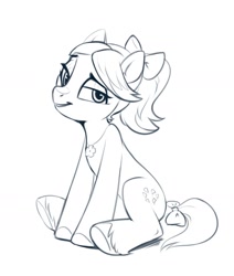 Size: 1436x1692 | Tagged: safe, artist:taneysha, imported from derpibooru, earth pony, pony, bow, g5, hair bow, monochrome, posey bloom, simple background, solo, white background