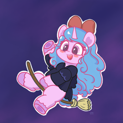 Size: 1936x1936 | Tagged: safe, artist:limitmj, imported from derpibooru, izzy moonbow, pony, unicorn, bow, broom, clothes, crossover, cute, dark background, female, g5, hair bow, happy, izzybetes, kiki, kiki's delivery service, mare, open mouth, open smile, smiling, solo, unshorn fetlocks, witch, witch costume