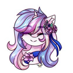 Size: 2500x2500 | Tagged: safe, artist:fluffywhirlpool, imported from derpibooru, oc, oc only, oc:lorelei, pony, unicorn, bust, chest fluff, commission, cute, eye clipping through hair, eyebrows, eyebrows visible through hair, eyes closed, female, flower, flower in hair, full face view, hairpin, happy, horn, mare, multicolored mane, portrait, simple background, smiling, solo, unicorn oc, white background, ych result