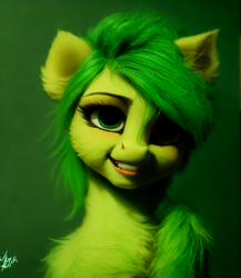 Size: 1664x1920 | Tagged: safe, imported from derpibooru, prompter:darbarri, oc, earth pony, pony, ai content, ai generated, bust, fluffy, generator:stable diffusion, green background, green eyes, looking at you, nightmare fuel, portrait, simple background, smiling, uncanny valley