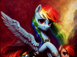 Size: 2048x1536 | Tagged: safe, imported from derpibooru, prompter:darbarri, rainbow dash, pegasus, pony, ai content, ai generated, detailed, generator:stable diffusion, hooves, spread wings, wings