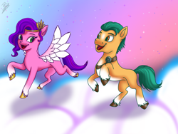 Size: 1024x768 | Tagged: safe, artist:amandascxd, imported from derpibooru, hitch trailblazer, pipp petals, earth pony, pegasus, pony, duo, female, g5, male, mare, stallion