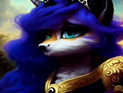 Size: 2048x1536 | Tagged: safe, imported from derpibooru, prompter:darbarri, princess luna, fox, hybrid, ai content, ai generated, armor, bust, detailed, fluffy, fur, generator:stable diffusion, portrait, solo