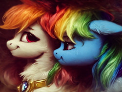 Size: 1024x768 | Tagged: safe, imported from derpibooru, prompter:darbarri, rainbow dash, oc, pegasus, pony, ai content, ai generated, bust, detailed, fluffy, generator:stable diffusion, jewelry, looking at each other, looking at someone, necklace, nuzzling, portrait