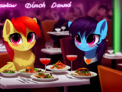 Size: 2048x1536 | Tagged: safe, artist:darbarri, imported from derpibooru, oc, oc only, earth pony, pegasus, pony, ai assisted, ai content, ai generated, blushing, chest fluff, duo, fluffy, generator:stable diffusion, heart collar, looking at you, restaurant, sitting at table, smiling, smiling at you