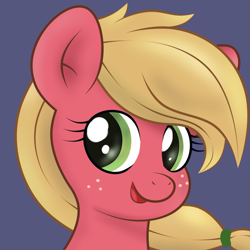 Size: 1024x1024 | Tagged: safe, artist:sparkfler85, imported from derpibooru, part of a set, big macintosh, earth pony, pony, ai assisted, ai content, bust, cute, female, freckles, generator:thisponydoesnotexist, macareina, portrait, redraw, rule 63, simple background, solo