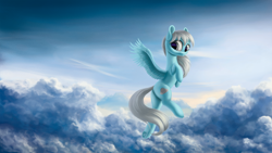 Size: 4000x2250 | Tagged: safe, artist:flusanix, imported from derpibooru, oc, oc only, pegasus, pony, cloud, female, flying, pegasus oc, scenery, solo