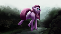 Size: 4000x2250 | Tagged: safe, artist:flusanix, imported from derpibooru, pinkie pie, earth pony, pony, butt, female, frog (hoof), pinkamena diane pie, plot, solo, underhoof