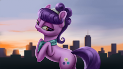 Size: 4000x2250 | Tagged: safe, artist:flusanix, imported from derpibooru, suri polomare, earth pony, pony, butt, city, clothes, female, mare, plot, rearing, scarf, sky, solo