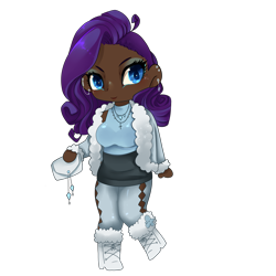 Size: 4000x4000 | Tagged: safe, artist:altarichiru, imported from derpibooru, rarity, human, alternate hairstyle, boots, breasts, busty rarity, chibi, clothes, coat, cute, dark skin, ear piercing, earring, eyeshadow, female, fur coat, humanized, jewelry, leggings, makeup, necklace, piercing, purse, raribetes, shoes, simple background, skirt, sleeveless, sleeveless sweater, solo, sweater, transparent background, winter