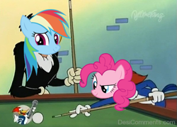 Size: 597x427 | Tagged: safe, artist:datbrass, artist:dipi11, edit, edited screencap, imported from derpibooru, screencap, pinkie pie, rainbow dash, bird, buzzard, earth pony, pegasus, pony, ball, boomerang, buzz buzzard, concentrating, crossover, cue ball, cue the pool shark, cute, diapinkes, duo, female, g4, indoors, mare, pool cue, pool table, the new woody woodpecker show, woodpecker, woody woodpecker, woody woodpecker (series)