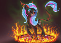 Size: 1280x904 | Tagged: safe, artist:mystic2u, imported from derpibooru, oc, oc:scribbler, demon, demon pony, pony, demon horns, fangs, female, fire, horns, jewelry, magic, magic circle, smiling, smoke, solo, summoning circle
