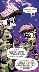 Size: 732x1334 | Tagged: safe, artist:brendahickey, idw, imported from derpibooru, rainbow dash, twilight sparkle, alicorn, pegasus, pony, friends forever, spoiler:comic, spoiler:comicff25, camouflage, dialogue, duo, female, g4, grammar error, magic, mare, speech bubble, twilight sparkle (alicorn), wingless