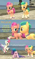 Size: 1920x3240 | Tagged: safe, artist:red4567, imported from derpibooru, hitch trailblazer, izzy moonbow, sunny starscout, zipp storm, earth pony, pegasus, pony, unicorn, 3d, both cutie marks, butt, cartwheel, comic, cute, female, g5, hitchbetes, izzy impaling things, izzy moonbutt, male, mare, plot, source filmmaker, stallion, stuck, sunnybetes, unicorn problems, unshorn fetlocks, worried