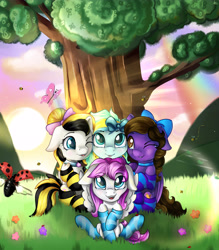 Size: 4872x5558 | Tagged: safe, artist:appleneedle, imported from derpibooru, oc, oc:hannah rainboom, oc:lovely honesty, oc:sunset flower, butterfly, insect, ladybug, pegasus, pony, friends, hug, love, nature, rainbow, sunset, tree