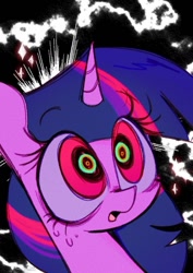 Size: 736x1039 | Tagged: safe, artist:opossum-stuff, imported from derpibooru, twilight sparkle, pony, unicorn, bags under eyes, better source needed, black background, female, hypnosis, hypnotized, mare, nervous sweat, pink eyes, simple background, solo, sweat