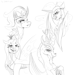 Size: 1960x2010 | Tagged: safe, artist:ie nebulizer, imported from derpibooru, discord, king sombra, nightmare moon, queen chrysalis, alicorn, changeling, changeling queen, draconequus, pony, unicorn, antagonist, crown, fangs, female, horn, jewelry, male, mare, regalia, sketch, snaggletooth, stallion, villainess