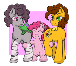 Size: 1872x1630 | Tagged: safe, artist:single purpose, imported from derpibooru, boneless, cheese sandwich, gummy, pinkie pie, oc, oc:mercury_gray, alligator, earth pony, hybrid, pony, zony, cheesepie, couple, eyes closed, faceful of ass, female, fluffy mane, fluffy tail, gradient legs, happy, hug, looking at someone, looking back, male, mare, married, married couple, mercheese, mercurinkie, polyamory, rubber chicken, shipping, smiling, smirk, stallion, straight, stripes, tail, zony oc