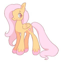 Size: 658x676 | Tagged: safe, artist:fluttershyweed, imported from derpibooru, fluttershy, pegasus, pony, blushing, colored hooves, female, folded wings, g2, g4, g4 to g2, generation leap, looking at you, mare, pink hooves, simple background, smiling, smiling at you, solo, standing, style emulation, three quarter view, unshorn fetlocks, white background, wingding eyes, wings