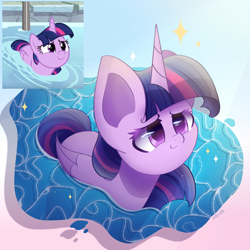 Size: 2400x2400 | Tagged: safe, artist:miryelis, imported from derpibooru, screencap, twilight sparkle, alicorn, pony, deep tissue memories, spoiler:deep tissue memories, among us, big ears, cute, horn, impossibly large ears, scene interpretation, screencap reference, simple background, smiling, solo, sparkles, swimming, twiabetes, twilight sparkle (alicorn), water