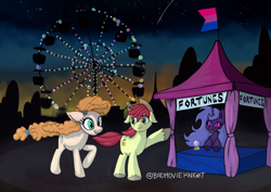 Size: 3496x2480 | Tagged: safe, imported from derpibooru, bright mac, pear butter, oc, the perfect pear, autumn, bisexual pride flag, brightbutter, carnival, female, ferris wheel, male, oc name needed, pride, pride flag, shipping, straight, sunset