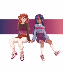 Size: 3584x4096 | Tagged: safe, artist:evelili, imported from derpibooru, sci-twi, sunset shimmer, twilight sparkle, human, equestria girls, clothes, converse, dark skin, duo, duo female, female, flannel shirt, glasses, holding hands, human coloration, jewelry, lesbian, light skin, necklace, scitwishimmer, shipping, shoes, shorts, smiling, sneakers, socks, sunsetsparkle