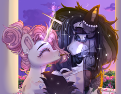 Size: 3600x2800 | Tagged: safe, artist:medkit, imported from derpibooru, oc, oc only, pony, unicorn, blushing, cloud, collar, couple, crescent moon, duo, ear piercing, earring, fangs, female, flower, food, high res, jewelry, long horn, male, moon, paint tool sai 2, pavilion, petals, piercing, pocky, rose, rose garden, sketch, sky, smiling, stallion, stars, sunset, tattoo, tree