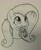 Size: 1062x1280 | Tagged: safe, artist:whiskeypanda, imported from derpibooru, fluttershy, oc, oc:anon, pegasus, pony, anon plushie, cute, doll, ear fluff, ink drawing, looking up, monochrome, mouth hold, shyabetes, solo, toy, traditional art