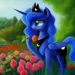 Size: 1024x1024 | Tagged: safe, editor:dovakkins, imported from derpibooru, princess luna, alicorn, pony, ai content, ai generated, cute, eating, female, flower, flower field, flower in mouth, garden, generator:purplesmart.ai, generator:stable diffusion, herbivore, horses doing horse things, jewelry, lunabetes, mouth hold, nom, regalia, solo