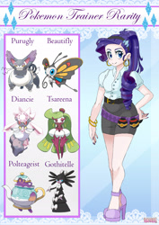 Size: 1920x2716 | Tagged: safe, artist:sk-ree, imported from derpibooru, rarity, beautifly, diancie, gothitelle, human, purugly, clothes, female, high heels, humanized, mythical pokémon, pokémon, pokémon team, pokémon trainer, polteageist, shirt, shoes, skirt, tsareena