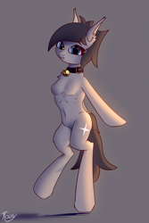 Size: 4000x6000 | Tagged: safe, artist:kainy, imported from derpibooru, oc, oc only, oc:kainy, bat pony, hybrid, pony, semi-anthro, absurd resolution, bell, bell collar, bipedal, collar, colored, ear fluff, lighting, looking at you, ribs, skinny, slim, smiling, smiling at you, solo, standing, thin