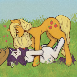 Size: 1000x1000 | Tagged: safe, artist:sizack, imported from derpibooru, applejack, rarity, earth pony, pony, unicorn, blushing, couple, cowboy hat, duo, female, grass, grass field, hair tie, hat, heart, lesbian, lying down, mare, nervous, on back, on top, raised leg, rarijack, shading, shadow, shipping