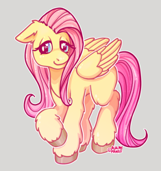 Size: 1414x1506 | Tagged: safe, artist:kaninvakker, imported from derpibooru, fluttershy, pegasus, pony, cute, female, floppy ears, gray background, leg fluff, mare, shyabetes, simple background, smiling, unshorn fetlocks