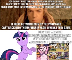 Size: 594x500 | Tagged: safe, artist:robertsonskywa1, idw, imported from derpibooru, bookworm (character), twilight sparkle, pony, unicorn, spoiler:comic16, bookworm, coincidence, elrond, lord of the rings, meme, multiverse, photo, reveal, text, universe