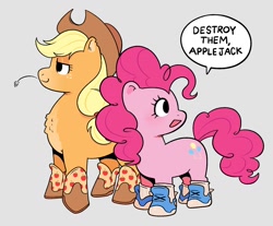 Size: 1854x1535 | Tagged: safe, artist:quaziesart, imported from derpibooru, applejack, pinkie pie, earth pony, pony, boots, chest fluff, clothes, cowboy boots, dialogue, duo, female, gray background, mare, shoes, simple background, sneakers, speech bubble, straw in mouth